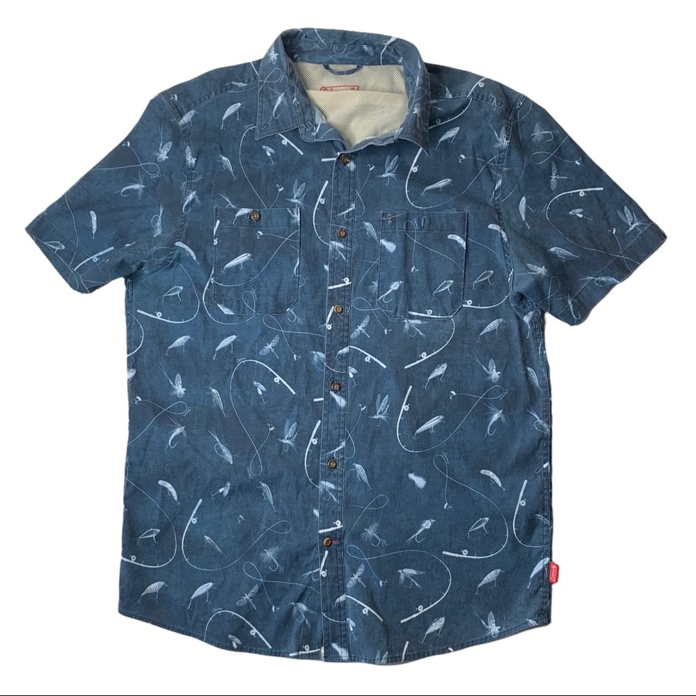 COLEMAN Men's Blue Fly Fishing‎ Outdoor Camping Hiking Short Sleeve Shirt sz L
